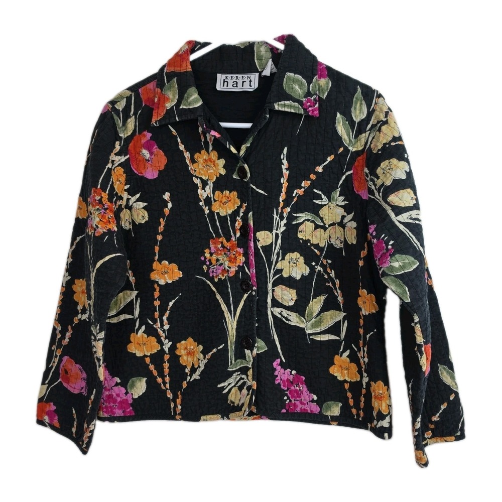 Keren Hart Jacket Womens L Black Floral Botanical Button Front Artsy Boho
